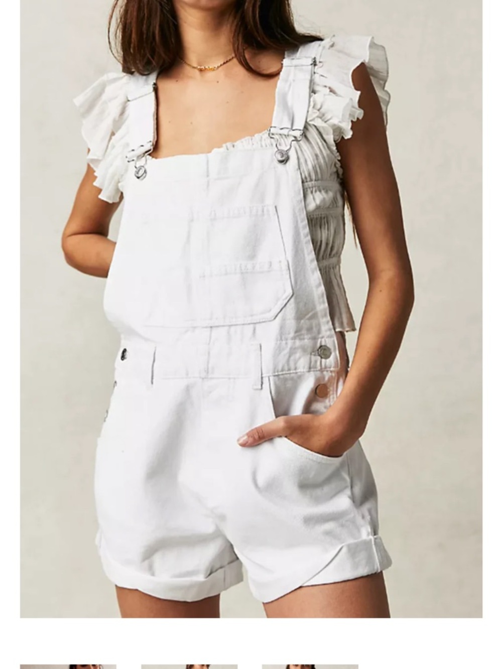 Free People White Denim Short Overalls